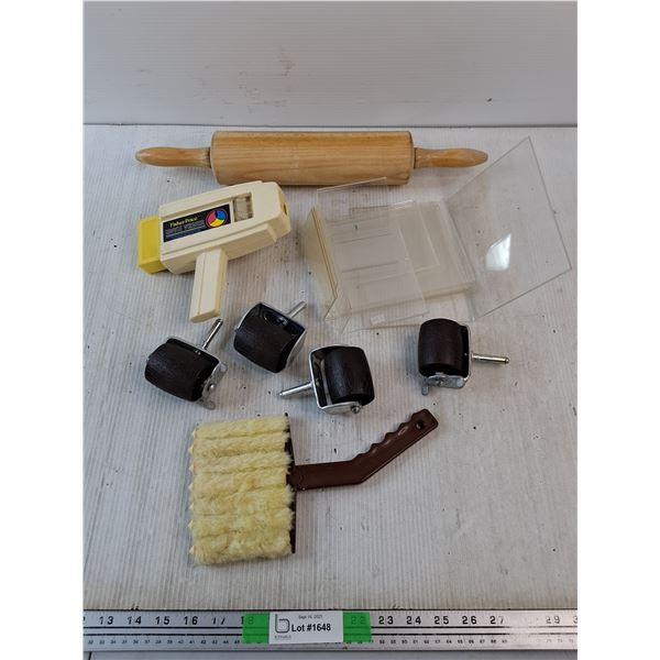 Vintage Fisher Price Movie Viewer, Caster Wheels, Wooden Rolling Pin, Brush, Misc