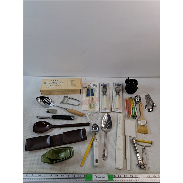 Acme Decorating Set Box, Meat Thermometer, Ice Cream Scoop, Fondue Sticks, Can Opener, Misc