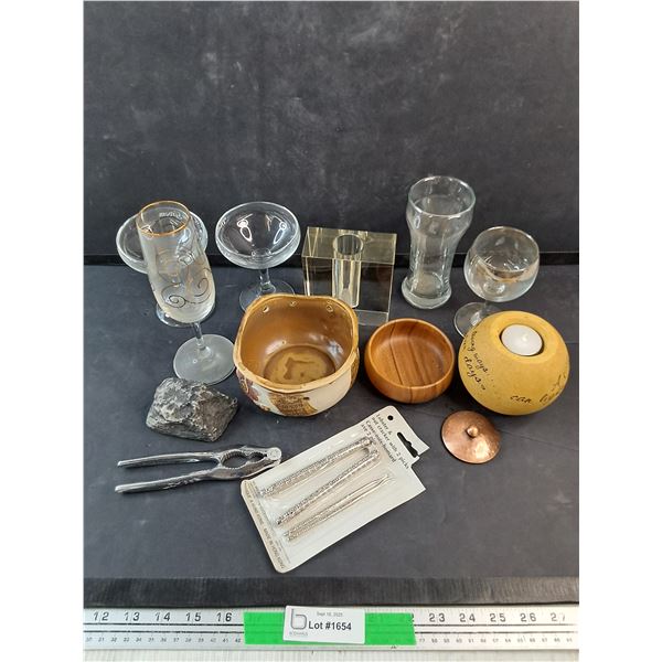 Glass Goblets, Cup, Lobster & Nut Crackers, Tea Candle Holders, Misc