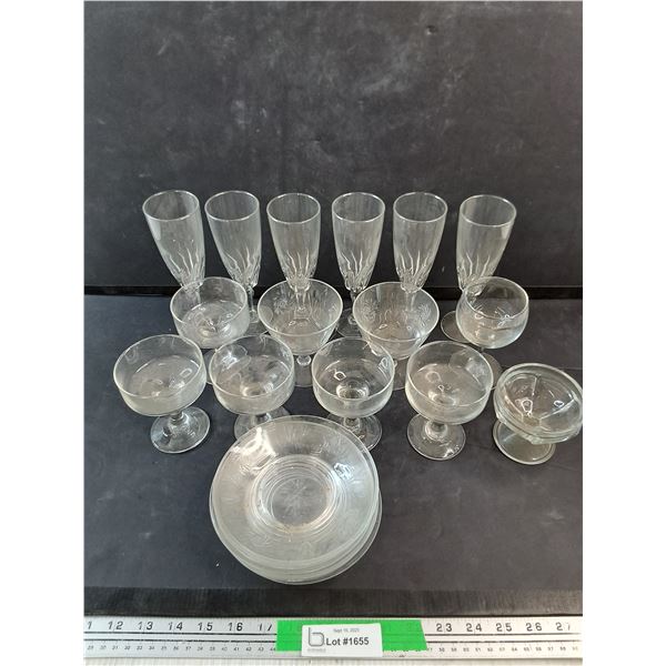 (15) Glass Goblets, (6) 6" Glass Saucers - PICK UP
