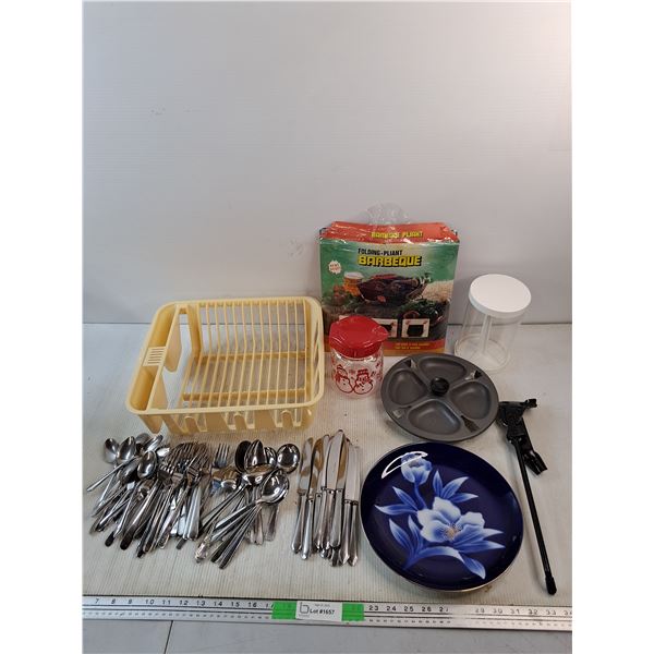 Spoons, Forks, Knives, Bicycle Stand, Folding Barbecue, Hamburger Press, Dish Rack, Cookie Jar, Misc