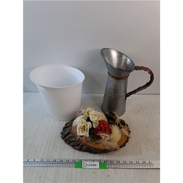 Plastic Garbage Bin, Galvanized Pitcher, Wood Wall Decor
