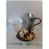 Image 1 : Plastic Garbage Bin, Galvanized Pitcher, Wood Wall Decor