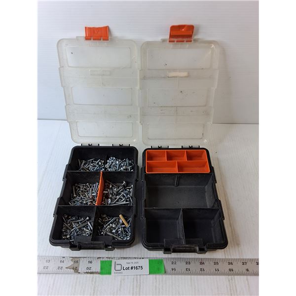 (2) Plastic Containers with Various Screws 8.5" x 6"- One Broken Latch