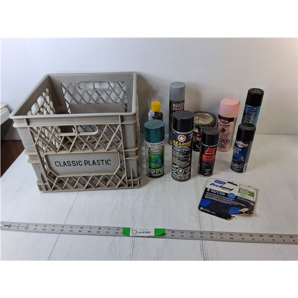 Chemicals Lot- Battery Protector, Paint, Rust Killer, Misc.- Partially Full & Milk Crate 13" x 11",