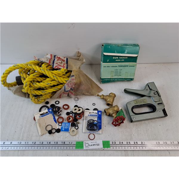 Assorted O Ring Seals, Plumbing Valves, Tow Rope, Staple Gun Model 694