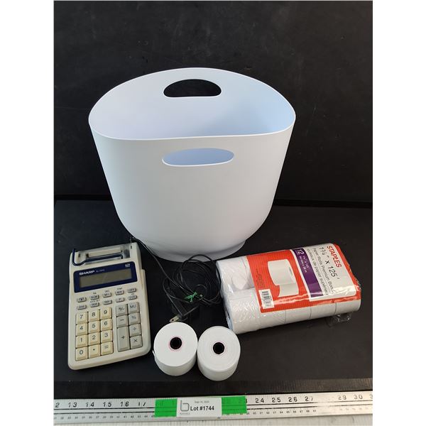 Waste Paper Basket, Paper Rolls, Sharp Calculator Printer - Powers On, As Is