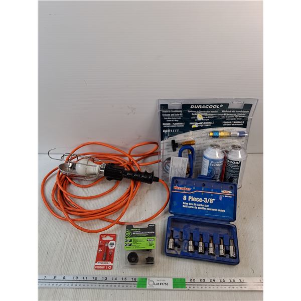 Trouble Light, Drive Hex Bit Socket Set, Self Centering Knockout Punch Set, Mobile A/C Recharge Kit