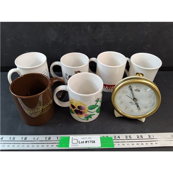 (6) Ceramic Mugs, Baby Ben Westclox Alarm Clock