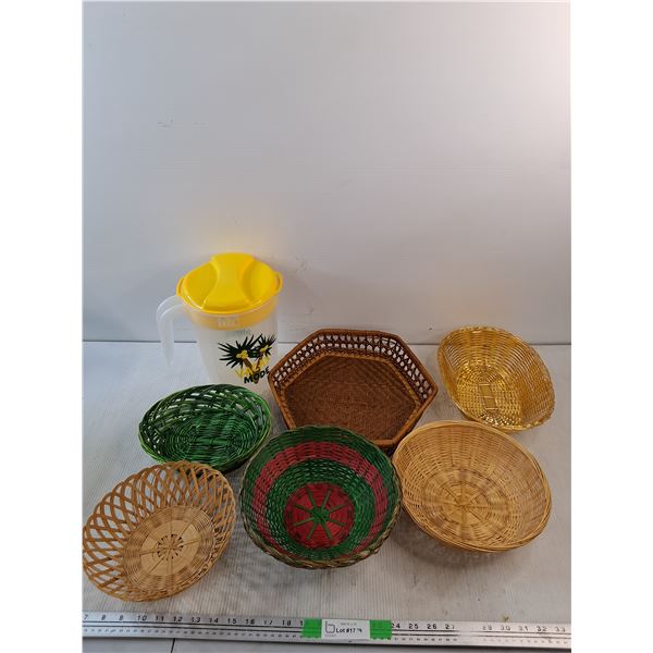 Wicker Bowls, Serving Tray, Plastic Water Pitcher