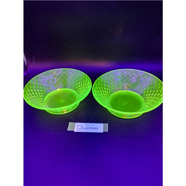 (2) Vintage Uranium Glass Salad Dining Bowls - 7" x 2"