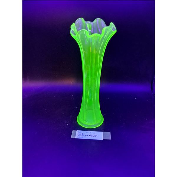 Vintage Uranium Glass Ruffled Edge Vase - 10" Tall