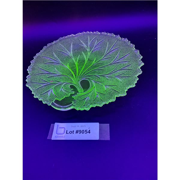 Vintage Uranium Glass Tree of Life Pattern Plate - 8.5"