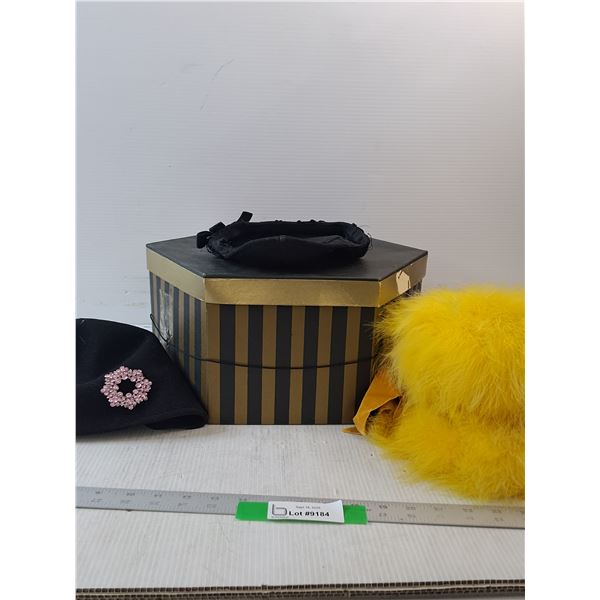 #(3) Hat & Box- Yellow Feather Hat And Black Hats