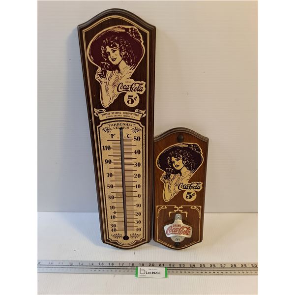 #(2) Wooden Coca-Cola Wall Mount Tools (22" Thermometer & 13" Bottle Opener)