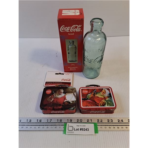 (3) Coca-Cola Memorabilia (Hanging Tin Ornaments & Replica 1894 Hutchinson Glass Bottle)