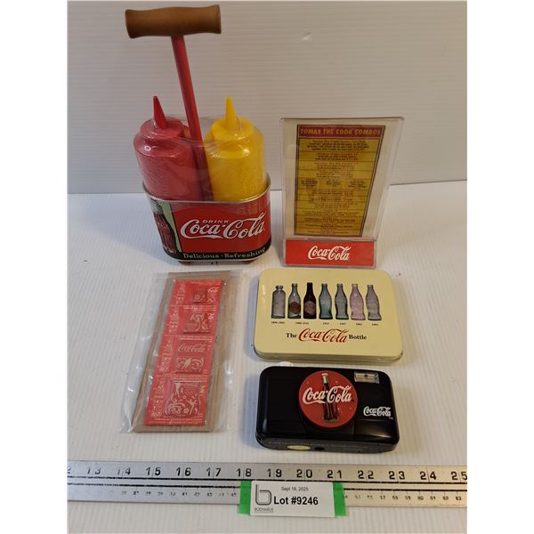 Coca-Cola Memorabilia (Condiment Bottles - NIB, Camera, Tin, Lapel Pins, Menu Card