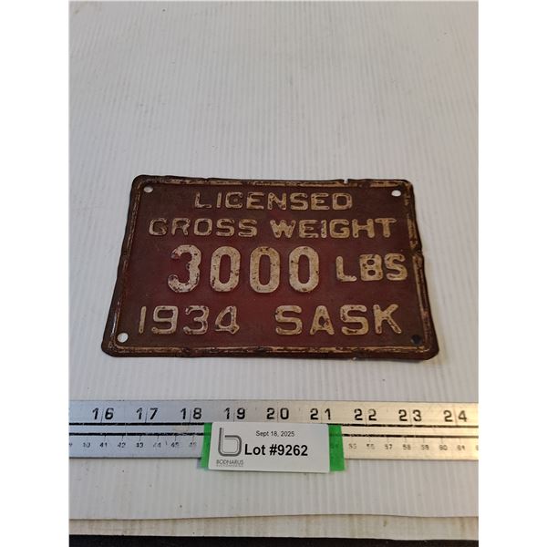 Vintage 1934 Saskatchewan "Licensed Gross Weight 3000 Lbs" License Plate