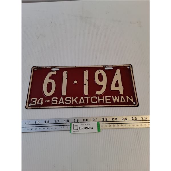 Vintage 1934 Saskatchewan License Plate