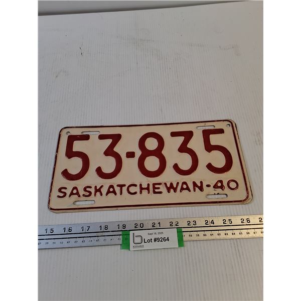Vintage 1940 Saskatchewan License Plate