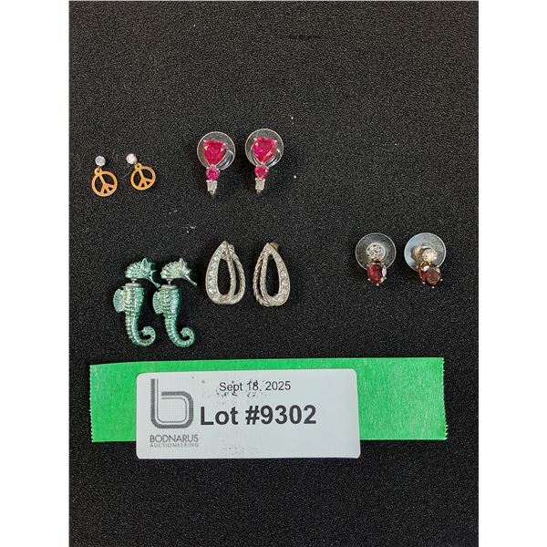 (5) Vintage Style Earrings: Seahorse, Peace, Valentine Red Hearts Theme, Teardrop Cubic Zirconia