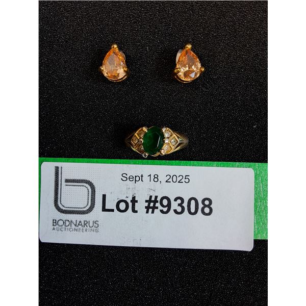 Vintage Jewelry: Amber Gem Teardrop Stud Earrings & Green Gem Ring w/Cubic Zirconia- Size 6.5