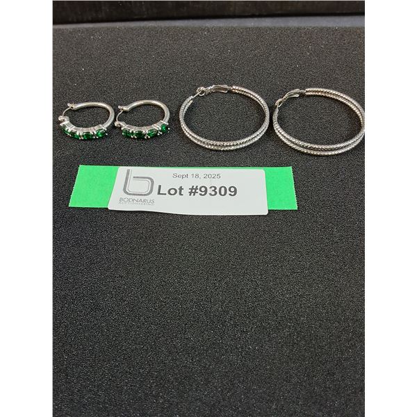 (2) Vintage Earrings: Green Gem & Hoops