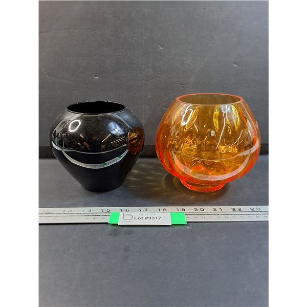 (2) Art Glass Vases: Brown & Orange Amber - 5" x 5.5"