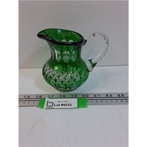 Vintage Art Glass Green & Clear Cut Pitcher - 5" Tall