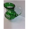 Image 3 : Vintage Art Glass Green & Clear Cut Pitcher - 5" Tall