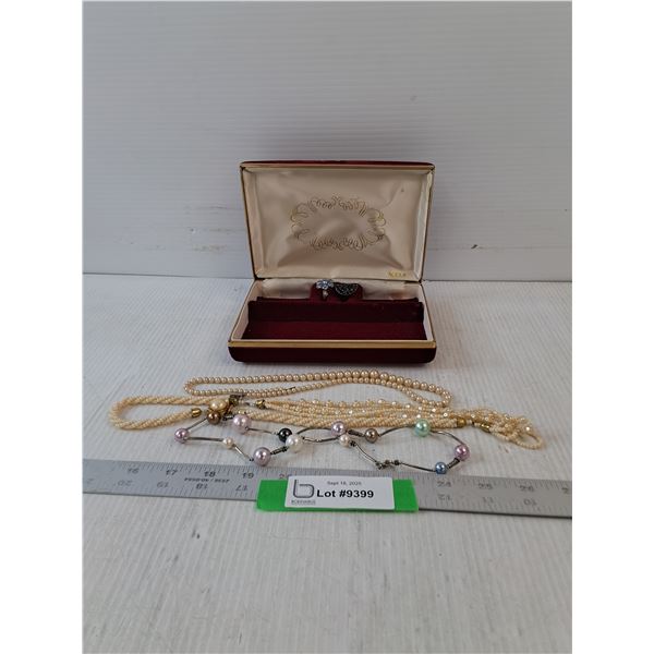 Red Velvet Jewelry Box With (2) Rings & (3) Necklaces