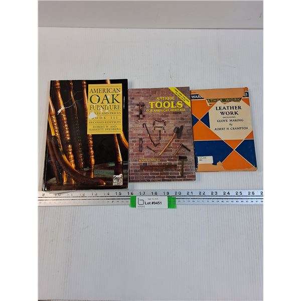 (3) Vintage Books About Leather Work, Oak Furniture, Antique Tools