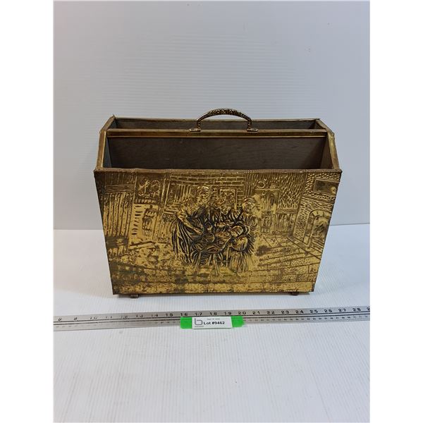 Vintage Brass & Wood Magazine Holder - 14" x 12" x 6"