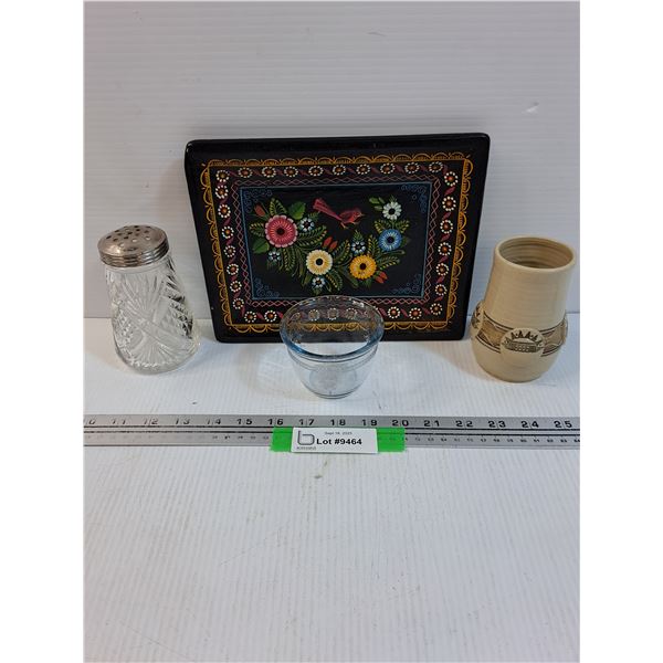 Fire King Light Blue Custard Bowl, Southwestern Pottery Small Vase, Asian Floral Wood Handpainted Se