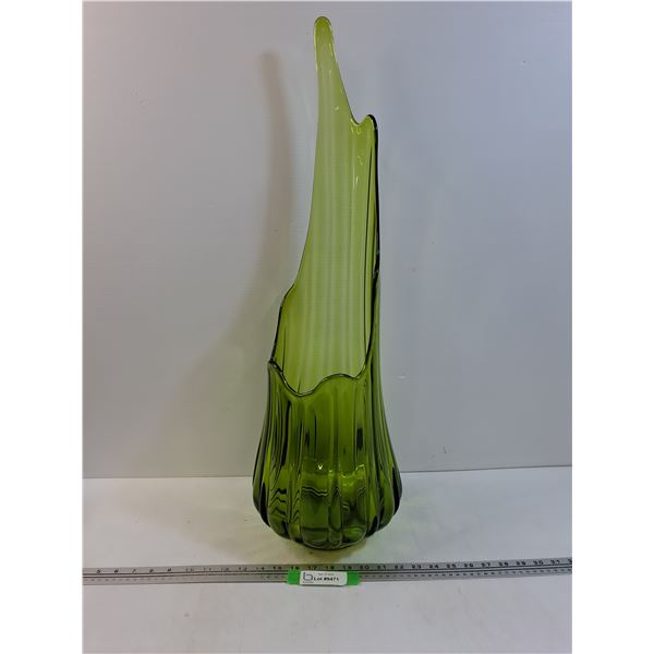 #Vintage Ribbed Swung Green Art Glass Vase - 29" x 10" - PICK UP