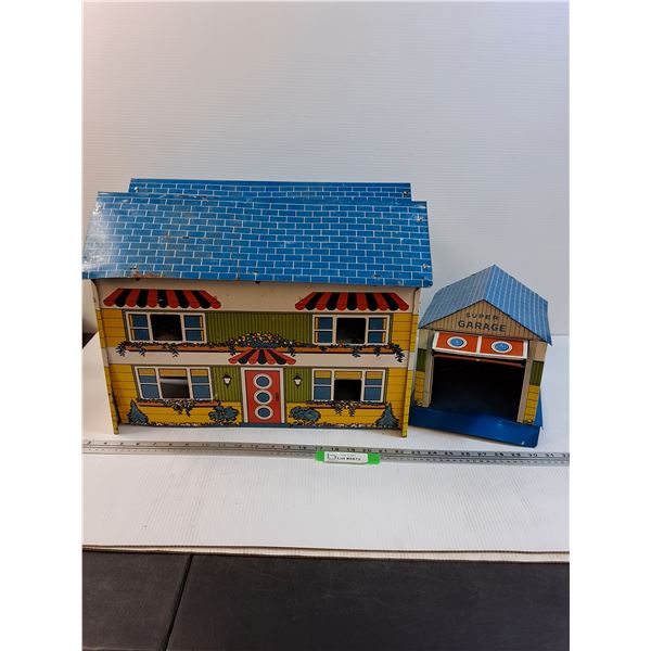 (2) Vintage Tin Play Houses & Garage Set - PREFERRED PICK-UP  - 14" x 8" x 20" Each House & 13" x 9"