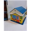 Image 6 : (2) Vintage Tin Play Houses & Garage Set - PREFERRED PICK-UP  - 14" x 8" x 20" Each House & 13" x 9"