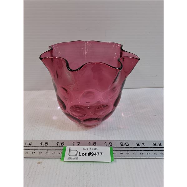 Vintage Cranberry Ruffled Thumbprint Pattern Glass Vase - 5" x 6"