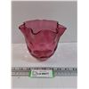 Image 1 : Vintage Cranberry Ruffled Thumbprint Pattern Glass Vase - 5" x 6"