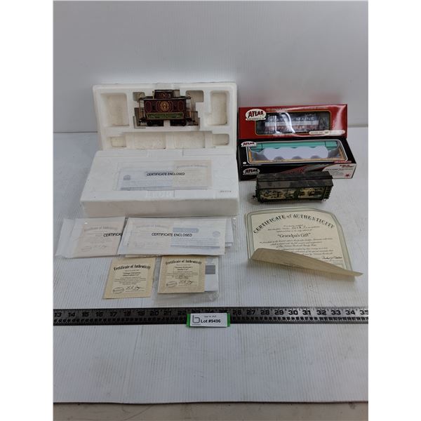 (4) HO Model Train Cars & Various Certificates
