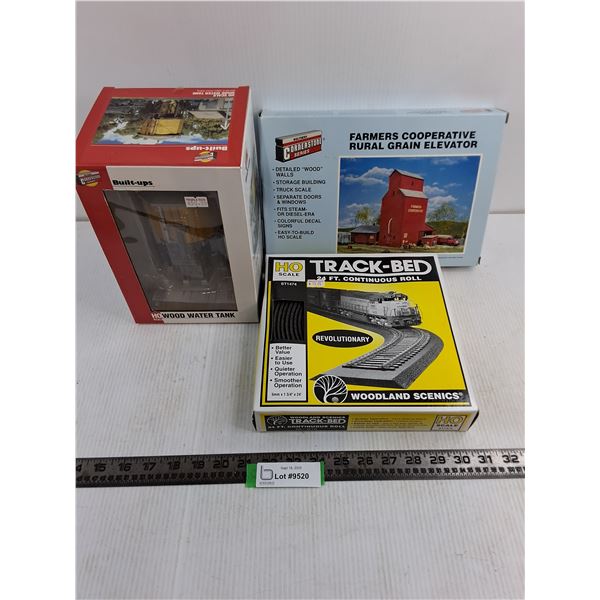 (3) Model Train Set Diorama Pieces (Water Tank, Grain Elevator, Track Bed