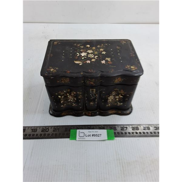 Vintage Locking Wooden Storage Box with Inset Mother-Of-Pearl - Key Included - 1 Hinge Broken