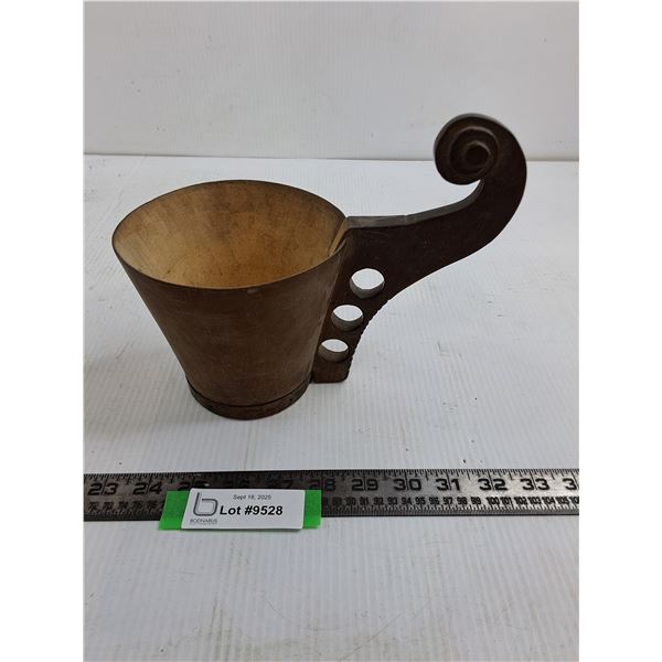 Vintage Wooden Folk Art Mug with Copper Band
