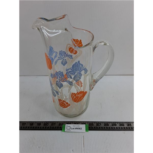 Vintage Glass Orange/Blue/White Decorated Pitcher - 13" High
