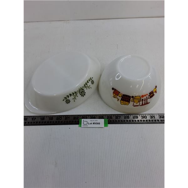 Glasbake"Green Daisy" Segmented 12" Casserole Dish, Pyrex "Country Kitchen" 8" Mixing Bowl