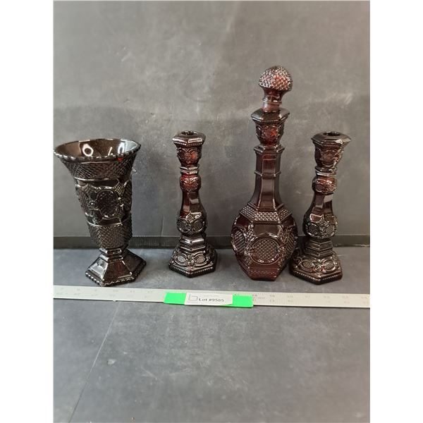 Vintage Avon Cape Cod Ruby Red Glass Candle Holders & Vase