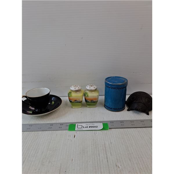 Teacup And Saucers, Salt & Pepper Shakers, Metal Ladybug & Blue Tin