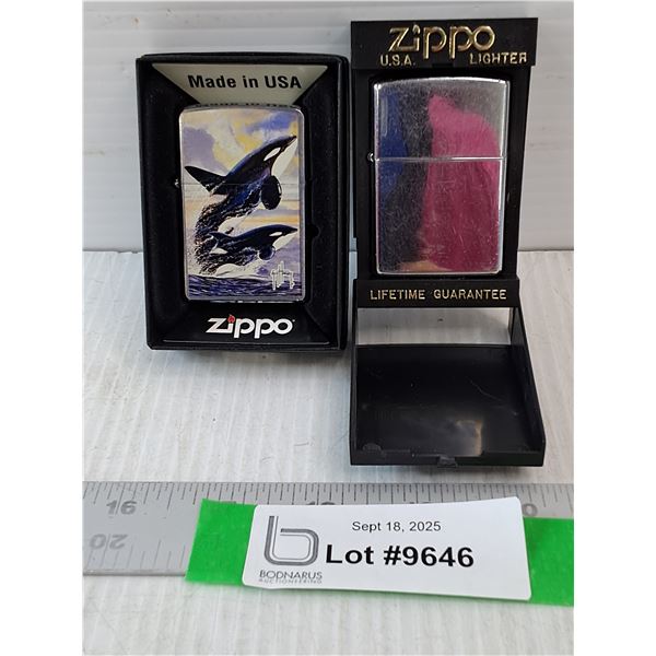 (2) Zippo Lighter- Whale & Plain Silver Colored