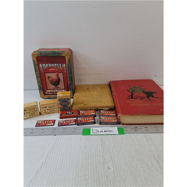 Cook Book & Mystery Stories, O'Donnell Farm Egg Tin & Astra Razor Blades