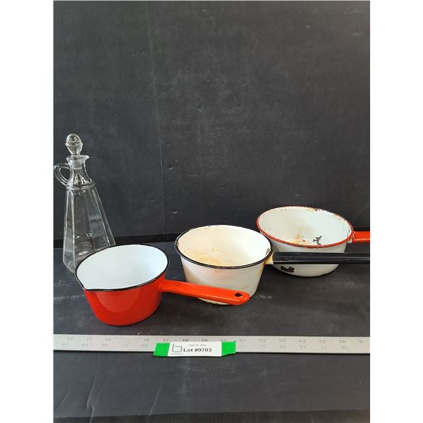 (3) Vintage Cooking Pots & Small Glass Pitcher With Stopper